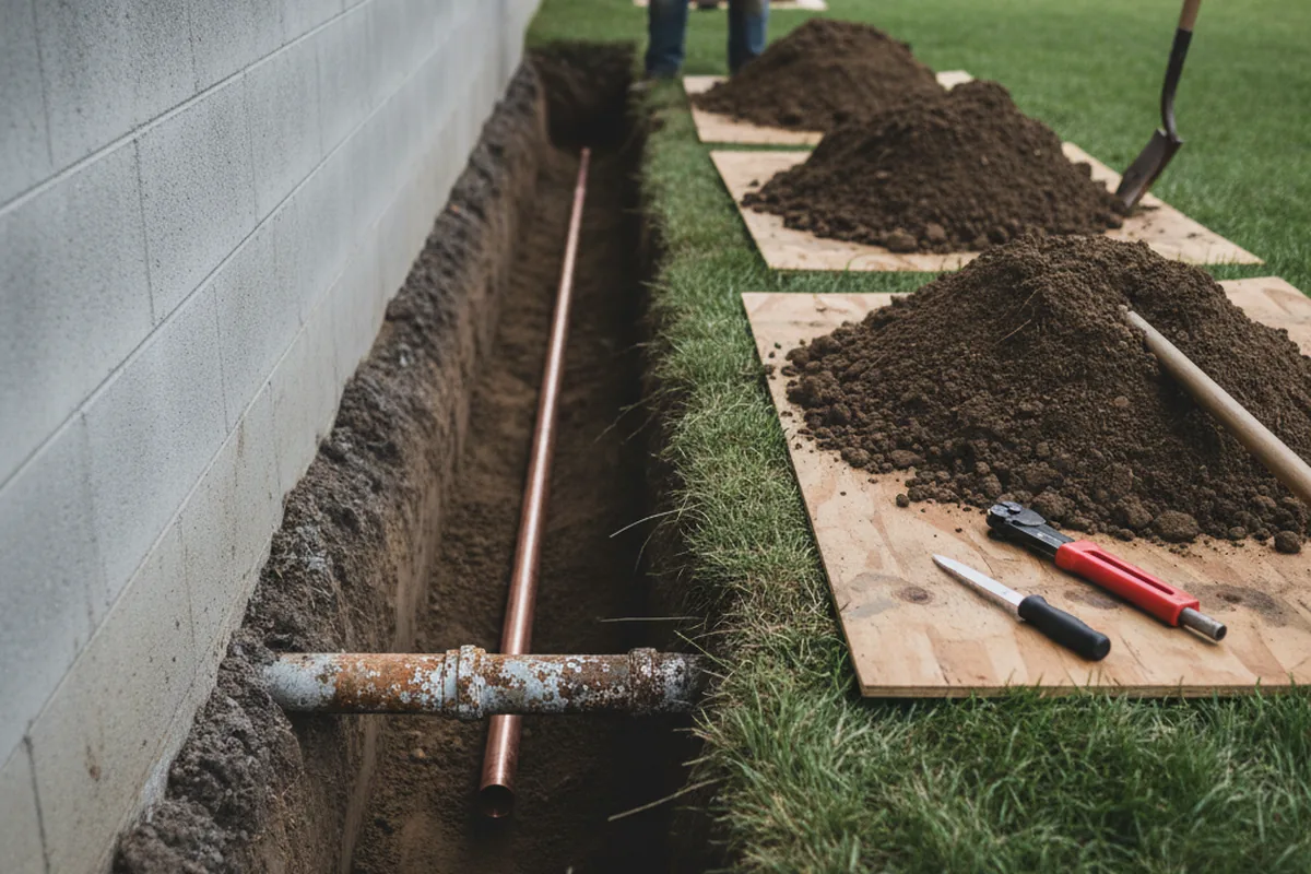 Excavated water line trench during Sewer Line Repair in West Milton
